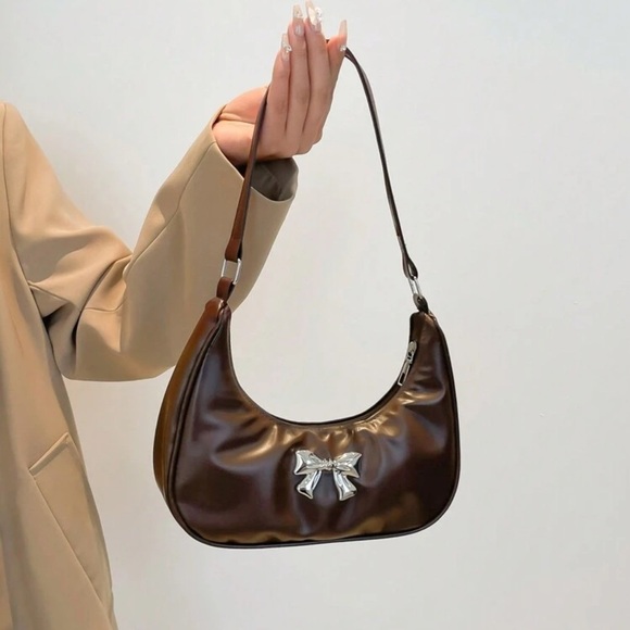 Handbags - Brown leather shoulder bag with bow detail | armpit dumpling crescent moon purse